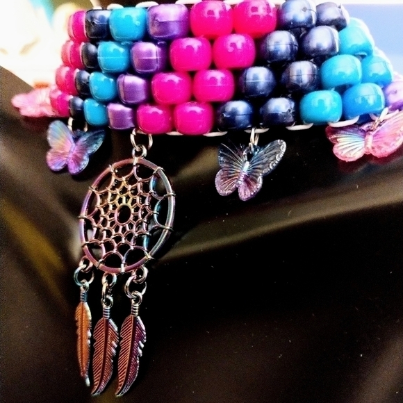 HANDMADE Iridescent Kandi Choker with Dreamcatcher and Butterfly Charms - Picture 13 of 13